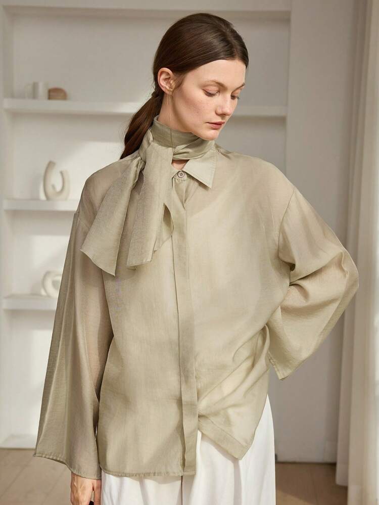 Women's Loose Business Casual Flowy Collar Office Work Wear Commute Elegant Long Sleeve Blouse, Suitable For Autumn, Spring & Summer,Fall Women Clothes