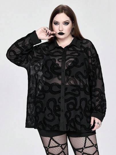 Gothic Style Snake Skin Flocked Loose Sheer Plus Size Shirt