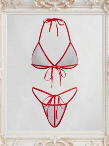 Fantasy Costume 2 件套露背性感镂空文胸和内裤套装，女士卧室服装 - 紅白色 - 查看 2