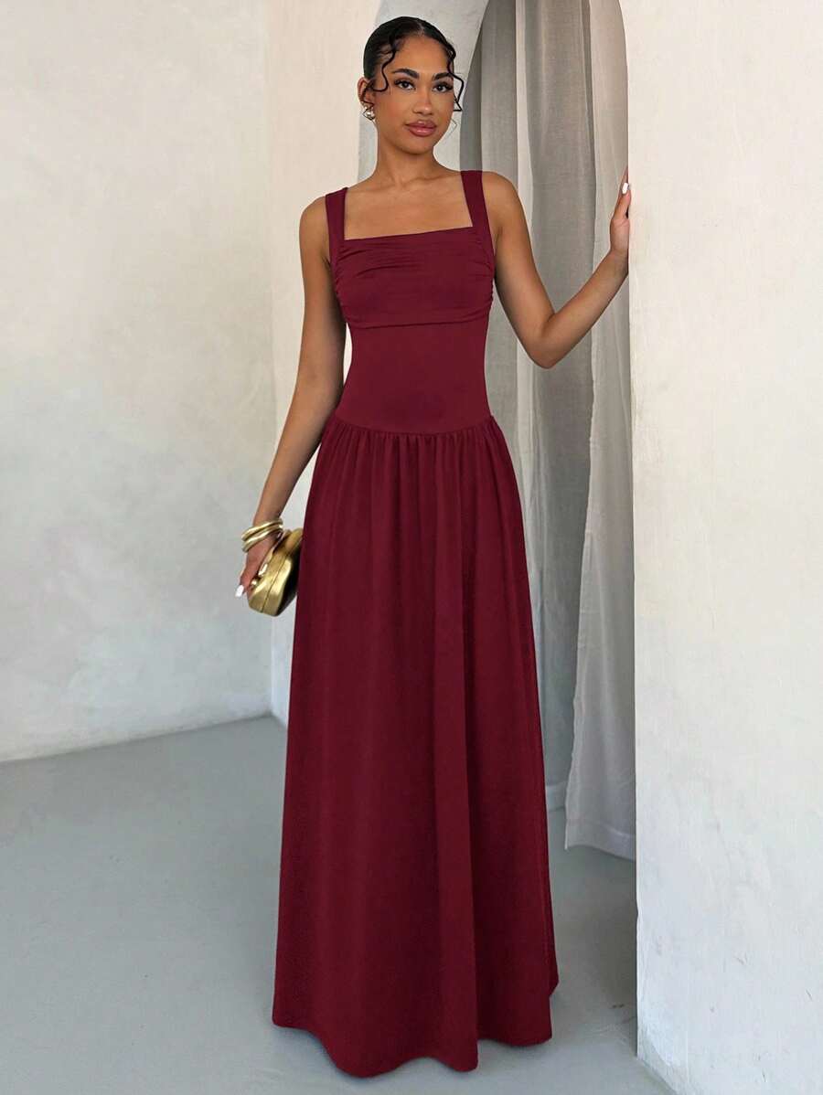 SHEIN BAE Váy suông màu nâu thanh lịch dành cho nữ, cổ rộng và chân váy xòe, phù hợp cho mùa xuân và mùa hè - Màu Đỏ Sâu - Xem 1