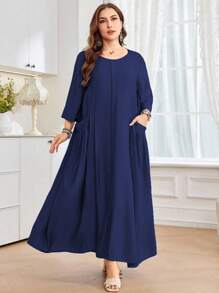 Al Najma Women's Loose Fit Round Neck 3/4 Sleeve Dress With Large Pockets, Comfortable Linen Look, Casual Daily Wear, Plus Size - Navy Blue - View 4