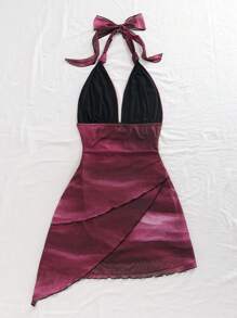 SHEIN Tall CURVE Sexy vintage Farbverlauf-Träger V-Ausschnitt Schnür-Mesh geraffte asymmetrische Saum romantisches Urlaubskleid für Frauen im Sommer - Bordeaux - Übersicht 2