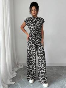 Rafferiza Women's Elegant Stand Collar Open Front Short Sleeve Cinched Waist Wide Leg Jumpsuit Clothes For University - Grey - View 4