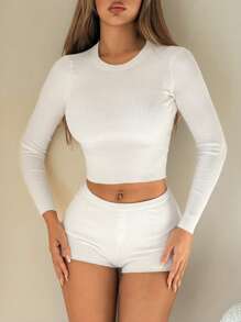 SHEIN ICON 女士基本款针织T恤和超短裤套装，休闲装 - 白色 - 查看 4