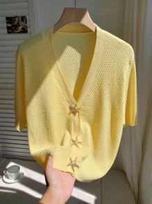 SHEIN EZwear Yellow Knitted Women's Short Sleeve Metal Buckle Decorated Cropped Cardigan With Starfish Design