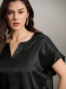 Flouryn Maglietta A Maniche A Pipistrello Con Collo A V In Jacquard Di Leopardo Di Colore Solido E Taglia Forte, Con Dettagli Di Vuoti - nero - Visualizzare 4