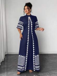 Elenzga Halloween Plus Size Women Geometric Print 3/4 Sleeve 2 In 1 Dress