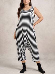 Zelara Plus Size Black & White Striped Sleeveless Casual Everyday Wear Sports Jumpsuit Navycore Outfits