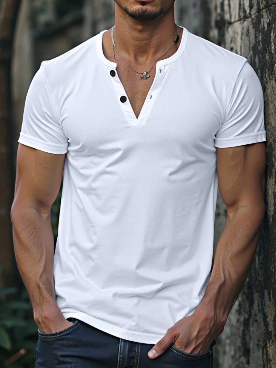 Manfinity Homme Men Solid Color Button Plain Half-Placket Short Sleeve Casual T-Shirt For Summer, For Going Out, For Friends - White - View 1