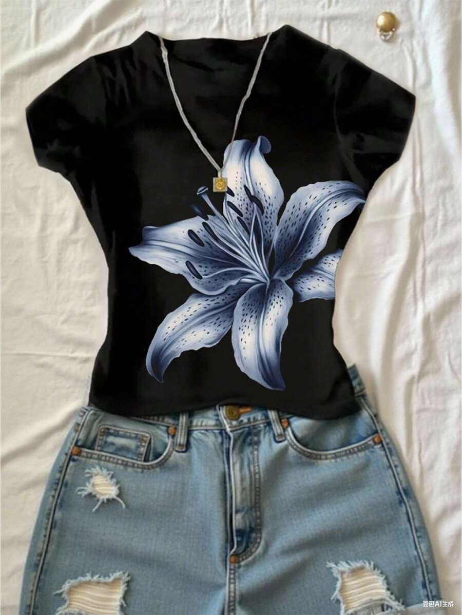 INAWLY 女士休闲花卉印花短袖T恤，夏季 - 黑色 - 查看 1