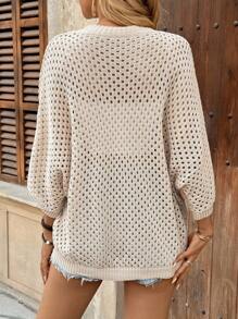 Breezaya 女款休闲宽松蝙蝠袖镂空圆领针织上衣 杏色 春秋 - 杏色 - 查看 2