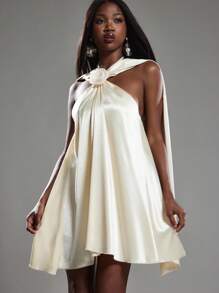 NYA SZN Dress Halter Neck Rose Detail Drape Detail Elegant Formal Wedding Guest Bridal Party Special Occasion Event Ibiza Cool Girl Holiday Satin Mini Length Thanksgiving Christmas NYE New Years Eve Outfits For Women