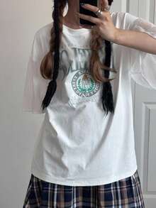 FRIFUL Women Summer Short Sleeve Graphic Print T-Shirt, Summer Casual Tops - White - View 2