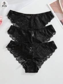 SHEIN 3pack Floral Lace Panty Set Lingerie - Black - View 2