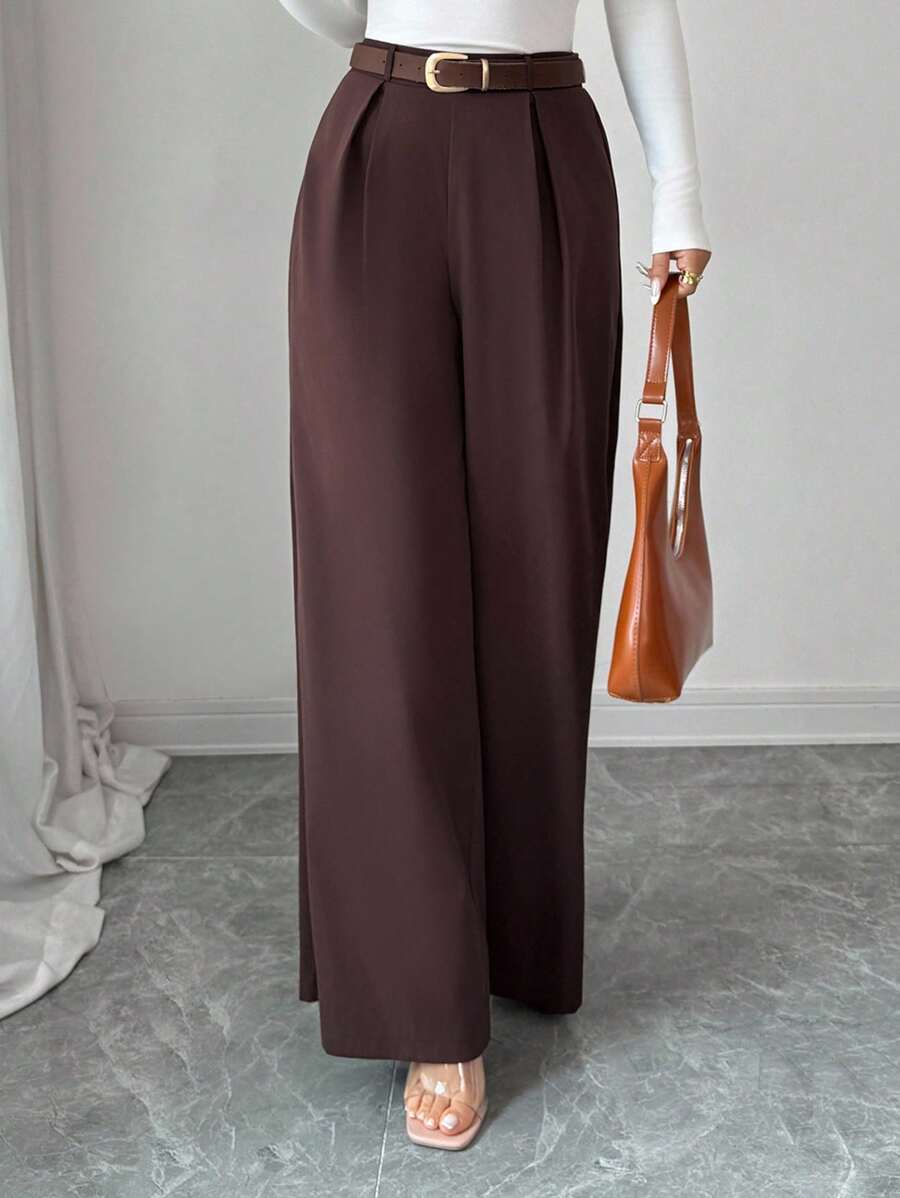 Selianne 女士优雅阔腿棕色休闲裤，百搭日常穿着 - 棕色 - 查看 1