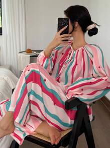 SHEIN 彩色多巴胺条纹印花宽松长袖和长裤女士睡衣套装，秋季衣服