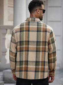 Manfinity Homme Men Plus Size Retro Casual Plaid Patch Pocket Front Button Long Sleeve Shacket, Flannel Shacket ,Fall, Winter