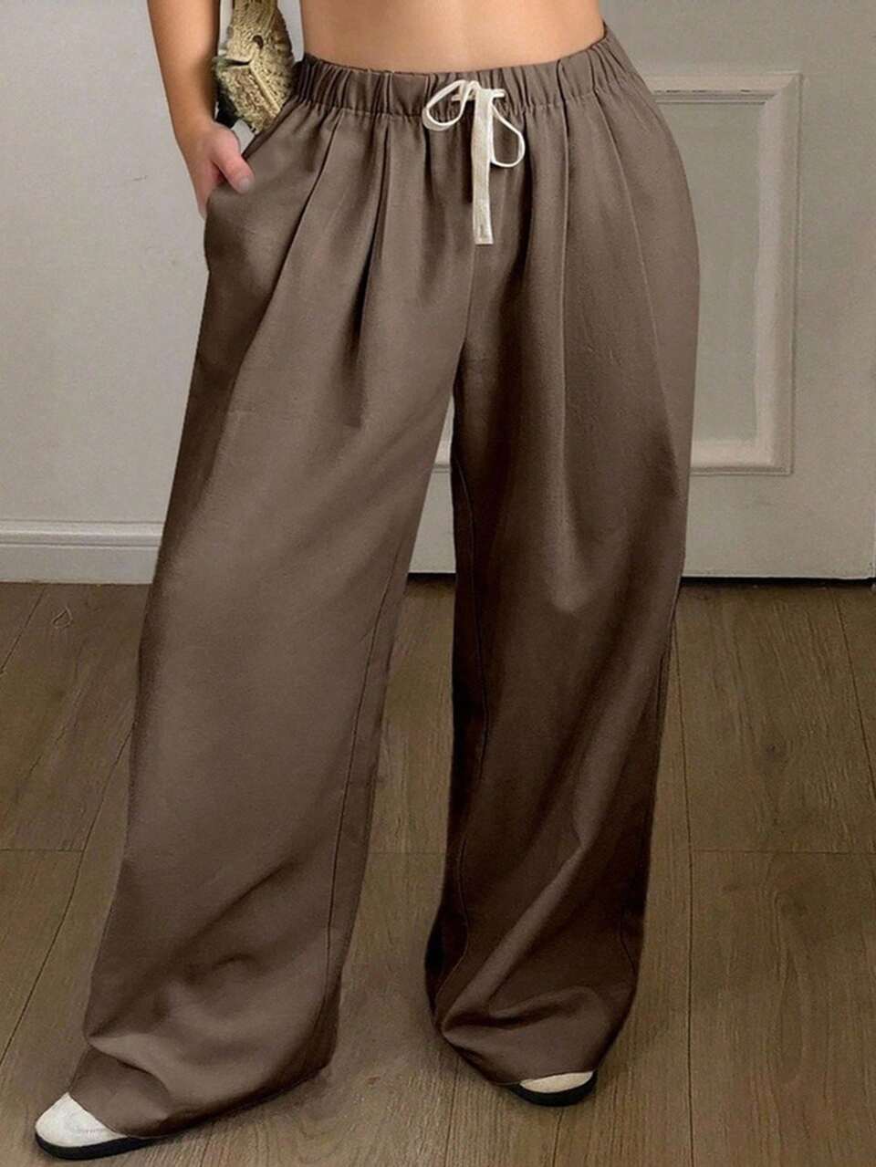 Dazy Plus Plus Size Women Elastic Waist Drawstring Loose Straight Casual Business Pants, All Season Fall