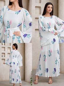 Veilorie 1pc Women's Floral Print Belted Elegant Long Sleeve Dress  Occasion Dresses   Tea Party Dress Birthday Women Outfits - White - View 3