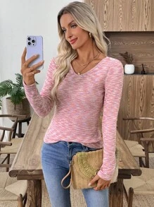EMERY ROSE maglietta versatile casual da donna con scollo a V e scollatura lunga - Rosa antico - Visualizzare 4