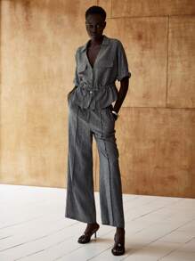 Lumivelle 女士休闲夏季 V 领纽扣前上衣和裤子两件套 - 灰色 - 查看 4