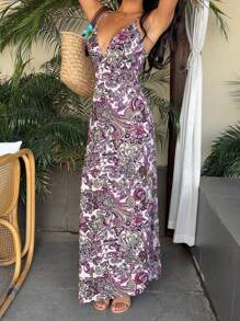 Sunnyshic Vestido largo con escote en V y espalda descubierta con estampado de paisley de playa - Rojo violeta - Ver 6