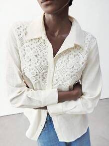 Maija Women's Apricot Textured Fabric Contrast Lace Long Sleeve Button Down Casual Shirt, Suitable For Daily And Holiday Wear, Fits Bohemian Style For Spring Break