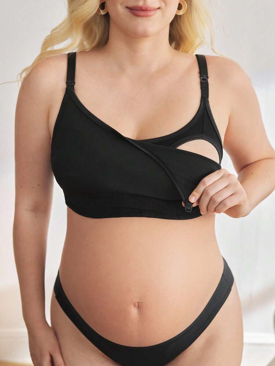 Plus Size Women Solid Color Ribbed Maternity Nursing Bra