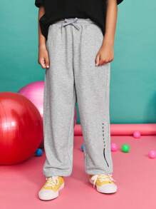 SHEIN Back To School Season Tween Boy Casual Minimalist Comfortable Mid-Waist Drawstring Letter Print Sweatpants Grey Sweatpants Tween - Grey - View 1
