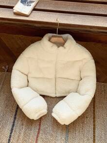 SHEIN 少女纯色米色休闲仿羊羔绒短款羽绒服，适合秋冬季节穿着，纯色米色抓绒短款加厚外套，适合返校、开幕式、日常穿着、上学、旅行、运动、圣诞节等场合，米色系，秋冬季 - 米色 - 查看 5