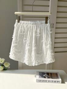 Flirla Plus Size Summer Casual Solid Color Heart Texture Shorts - White - View 2