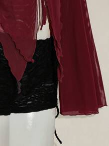 SHEIN ICON Y2k Fall Women's Western Burgundy Long Sleeve Going Out Solid Color Front Tie Flare Sleeve Fashionable T-Shirt - Burgundy - View 5