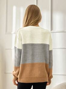 SHEIN Tall 高码女式休闲宽松圆领拼色百搭秋季毛衣商务休闲女式，假日乡村上衣 - 彩色 - 查看 2