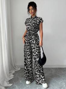 Rafferiza Women's Elegant Stand Collar Open Front Short Sleeve Cinched Waist Wide Leg Jumpsuit Clothes For University - Grey - View 6