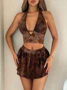 SHEIN ICON Retro semesterset med halterneck och minikjol - Bourgogne - Visa 3