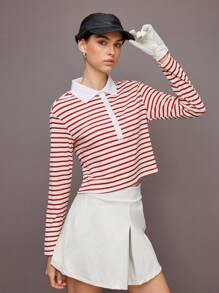 Activina 女式条纹长袖休闲运动 Polo 衫 - 紅白色 - 查看 5