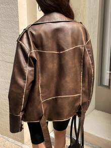 Chiquease 女式复古做旧棕色 PU 皮革机车夹克，拉链开合，翻领，时尚休闲别致外套 - 棕色 - 查看 2