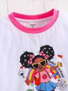 SHEIN Young Girl White Summer School Back-To-School Cartoon Pattern Contrast Color Round Neck Short Sleeve T-Shirt For Kindergarten Daily Wear Photo Shoots - White - View 10