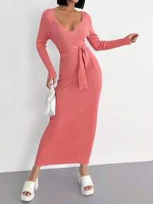 EURMUSE Women's Autumn Simple Solid Color Keyhole Neck Bodycon Belted Sweater Dress - Coral Pink - View 4