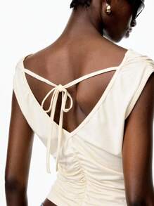 LYSMO 2025 Women's Backless Tie Back Ruched Drape Neck Cropped Top,Solid Color Waist-Fitted,Youthful Casual Summer Elegant Party Night Beige Light Yellow - Beige - View 7