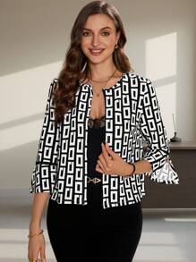 SHEIN Clasi Veste pour femme à manches ouvertes imprimée géométrique noir et blanc