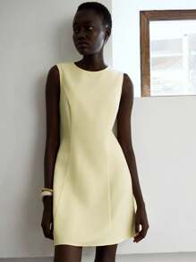 Lumivelle Women's Elegant Sleeveless V-Neck Waisted Mini Dress, Summer Butter Yellow Dress A Line Dress Mod Dress Yellow Mini Dress Back To School Teacher Outfits Modest