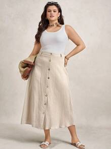 Zelara Váy dài vừa phải cài nút màu mơ thường ngày cỡ lớn dành cho nữ, chất liệu cotton thoải mái cho mùa thu - Màu be - Xem 4
