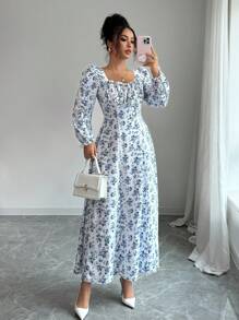 SHEIN Raffinéa Elegantes langes Kleid mit Muster für Damen - Blau-Weiß - Übersicht 1