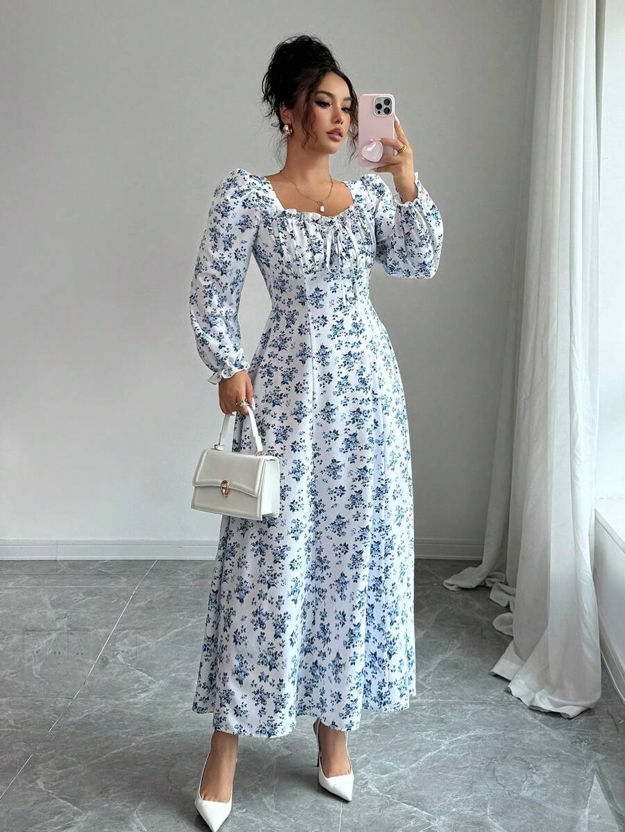 SHEIN Raffinéa Elegantes langes Kleid mit Muster für Damen - Blau-Weiß - Übersicht 1