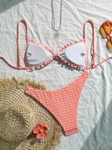 SHEIN Swim Mod Bộ bikini 2 mảnh vải họa tiết xếp nếp buộc nơ phía trước eo xếp ly dễ thương thời trang dự tiệc sinh động - Màu Cam san hô - Xem 6