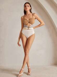 Anewsta Sexy Hollow Out Criss-Cross Strap Orange Bodysuit For Women - Apricot - View 9