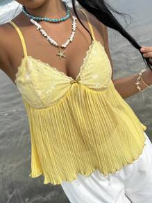 CovetEZ Women's Beach Seaside Sweet Clean Girl Cream Yellow Pure Sequins Sequins Splicing Lace Chiffon Pleated Cami Top, Fashionable And Comfortable Summer Babydoll Top, Going Out