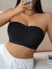 SHEIN 大码休闲舒适无缝纯色无钢圈无缝前扣工字背运动无肩带文胸