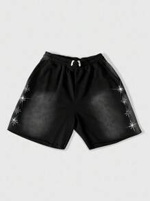 ROMWE MEN Street Life Men's Drawstring Waist Pocketed Casual Rhinestone Decor Shorts - Black - View 6